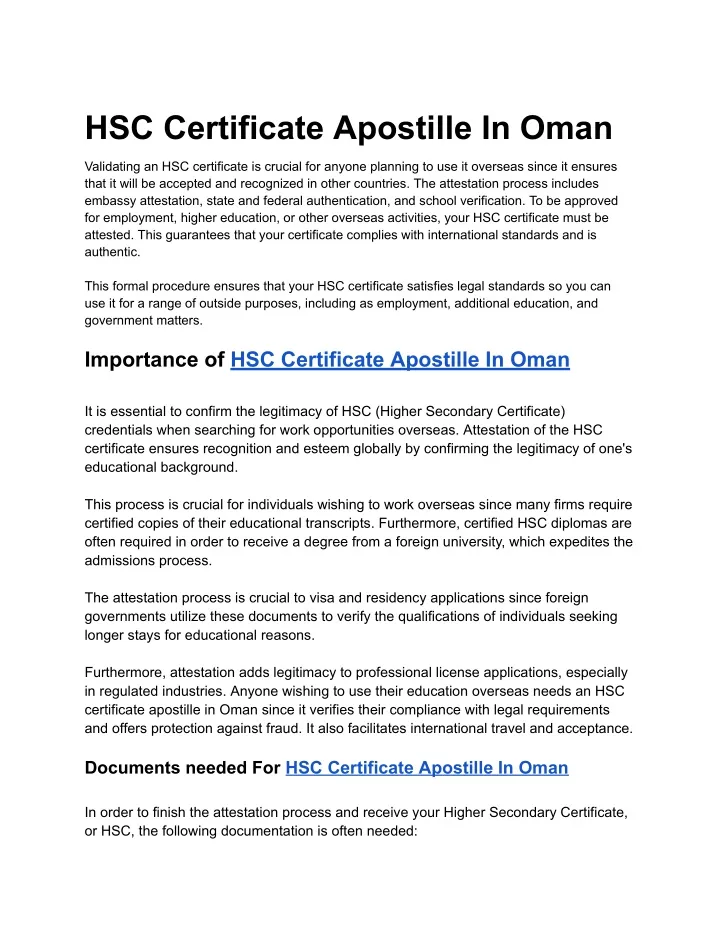 hsc certificate apostille in oman
