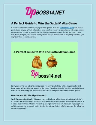 A Perfect Guide to Win The Satta Matka Game