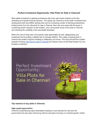 Perfect Investment Opportunity: Villa Plots for Sale in Chennai