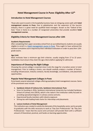 Hotel Management course in Pune eligibility after 12th