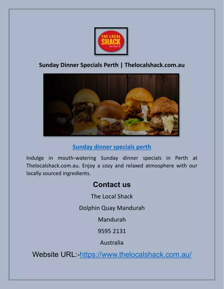 sunday dinner specials perth thelocalshack com au