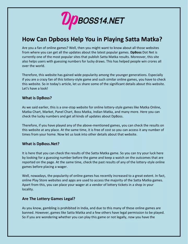 how can dpboss help you in playing satta matka