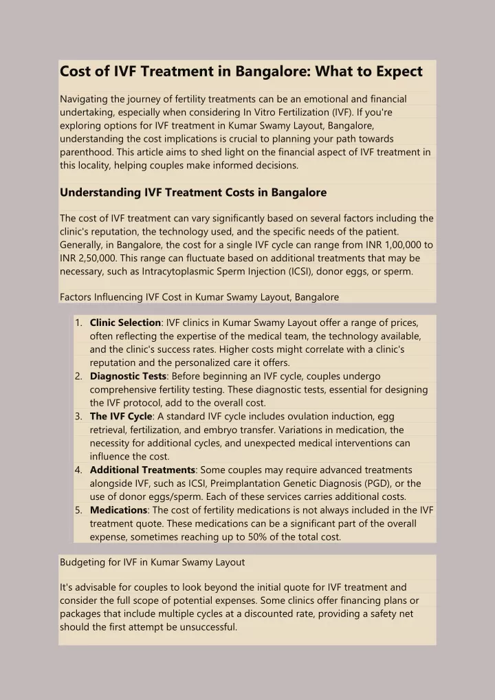 cost of ivf treatment in bangalore what to expect