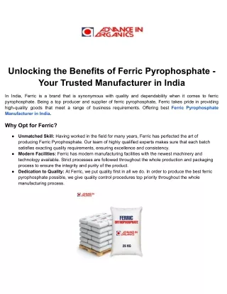 Unlocking the Benefits of Ferric Pyrophosphate - Your Trusted Manufacturer in India