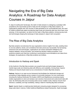 Navigating the Era of Big Data Analytics