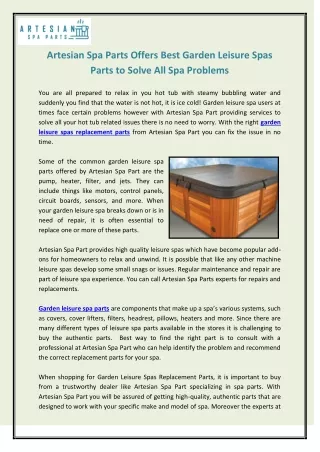 Artesian Spa Parts Offers Best Garden Leisure Spas Parts to Solve All Spa Problems