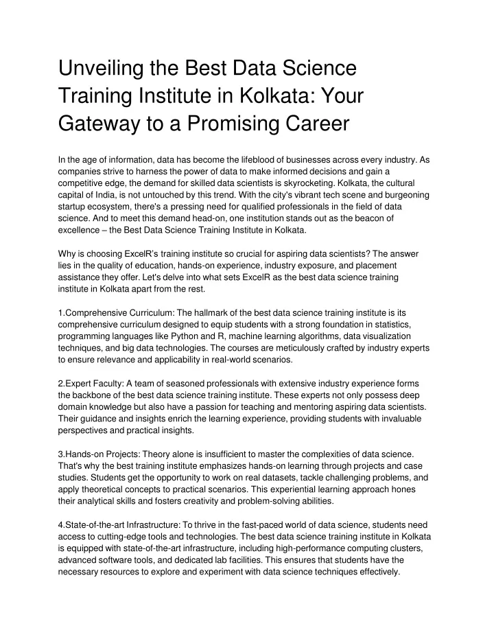 unveiling the best data science training institute in kolkata your gateway to a promising career