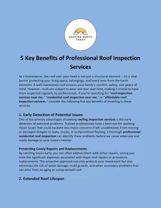 5 Key Benefits of Professional Roof Inspection Services