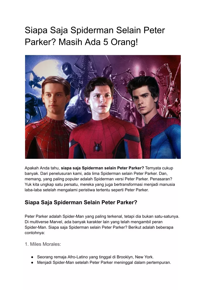 siapa saja spiderman selain peter parker masih