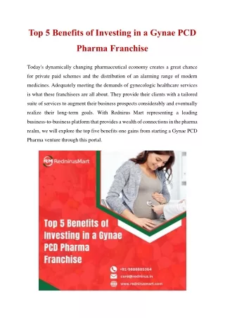 Top 5 Benefits of Investing in a Gynae PCD Pharma Franchise