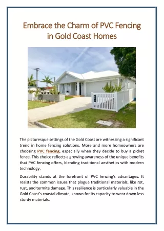 Embrace the Charm of PVC Fencing in Gold Coast Homes