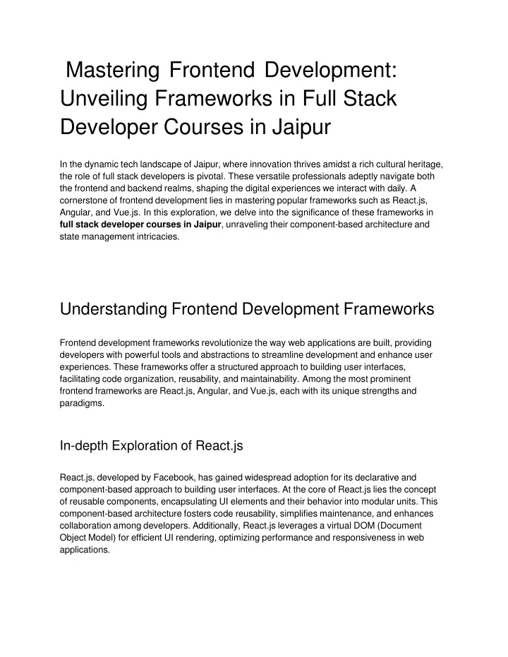 mastering frontend development unveiling frameworks in full stack developer courses in jaipur