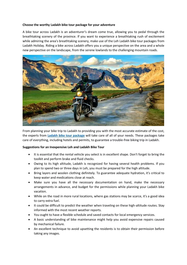 choose the worthy ladakh bike tour package