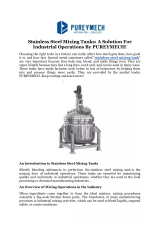 Stainless Steel Mixing Tanks: A Solution For Industrial Operations By PUREYMECH!