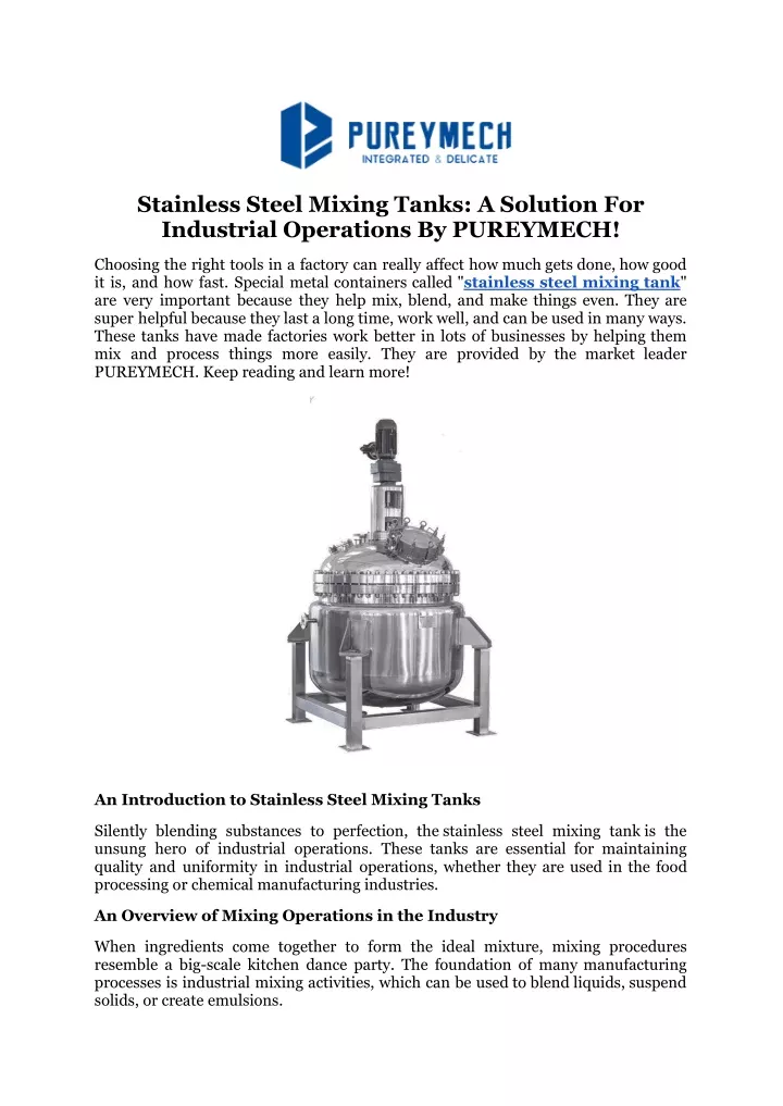 stainless steel mixing tanks a solution