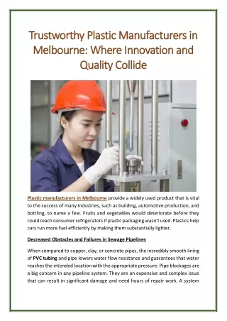 Trustworthy Plastic Manufacturers in Melbourne: Where Innovation and Quality Col