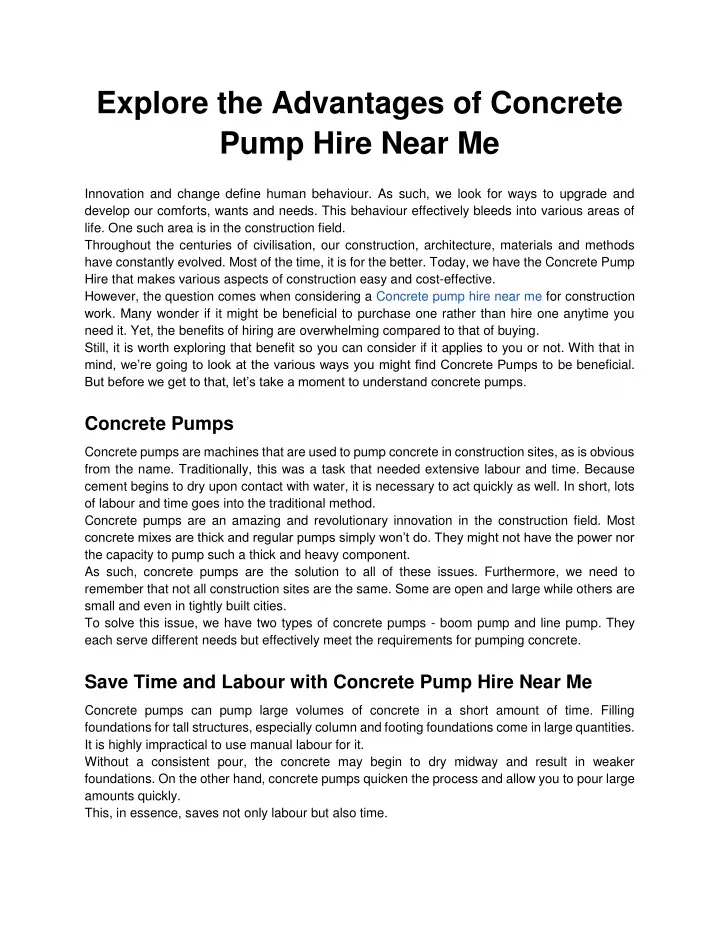 explore the advantages of concrete pump hire near