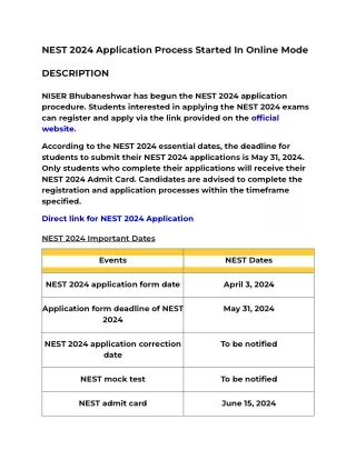 NEST 2024 Application Process Started In Online Mode