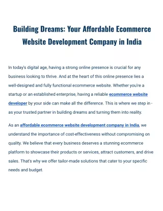 Building Dreams: Your Affordable Ecommerce Website Development Company in India