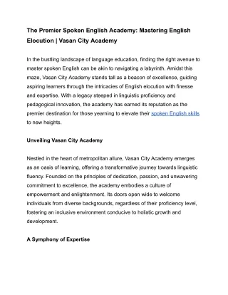 The Premier Spoken English Academy Mastering English Elocution  Vasan City Academy