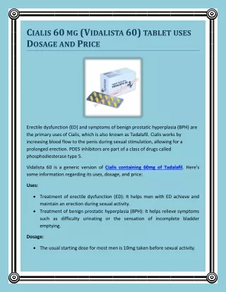 Cialis 60 mg (Vidalista 60) tablet uses Dosage and Price