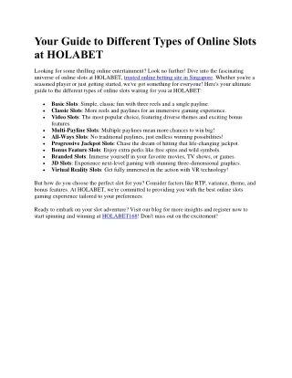 Your Guide to Different Types of Online Slots at HOLABET