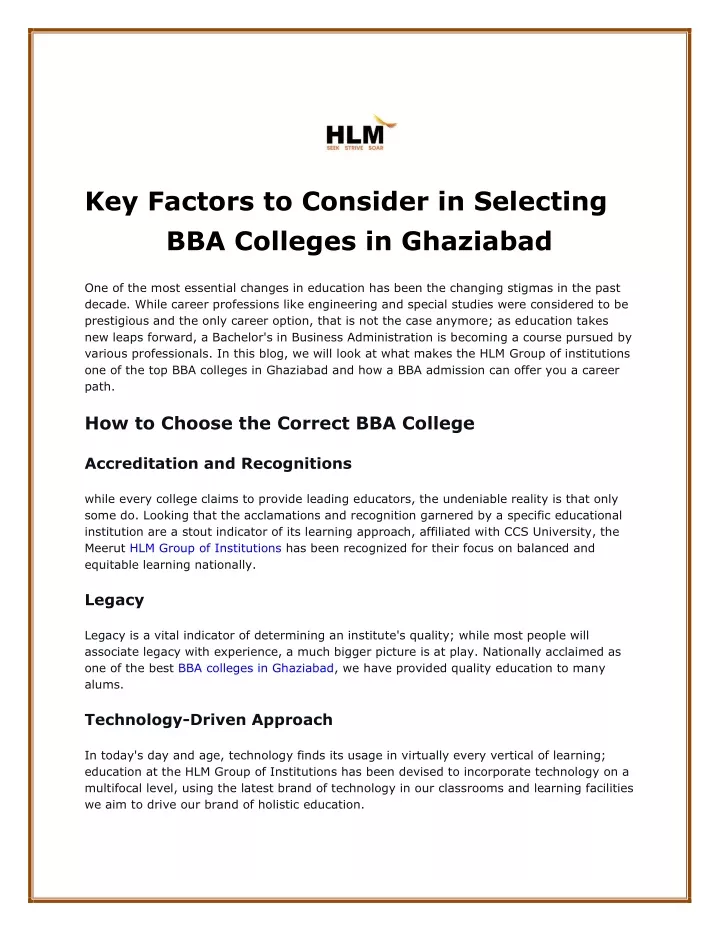 key factors to consider in selecting bba colleges
