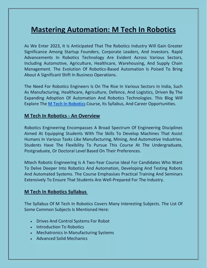 mastering automation m tech in robotics