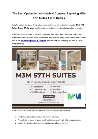 The Best Option for Individuals & Couples Exploring M3M 57th Suites 1 BHK Duplex