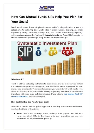 How Can Mutual Funds SIPs Help You Plan For Your Goals