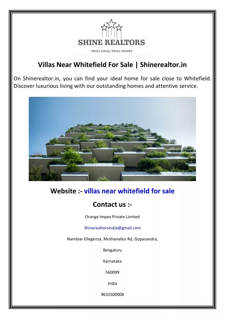 villas near whitefield for sale shinerealtor in