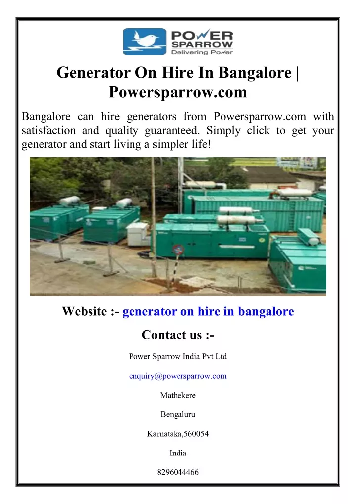 generator on hire in bangalore powersparrow com