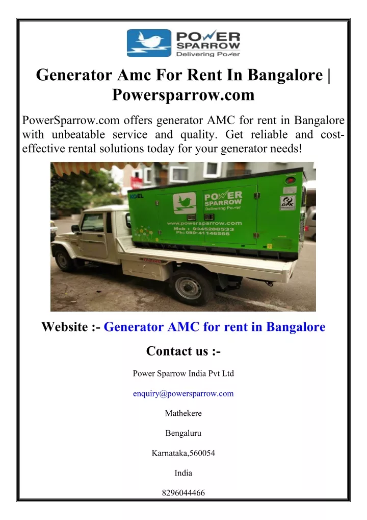 generator amc for rent in bangalore powersparrow