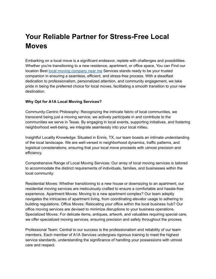 your reliable partner for stress free local moves