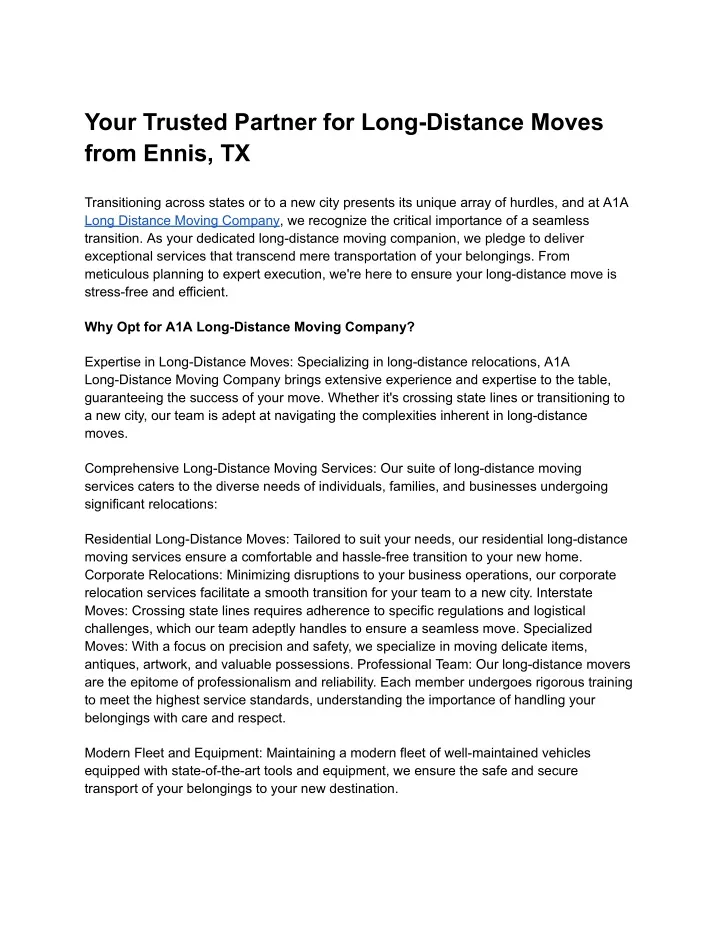 your trusted partner for long distance moves from