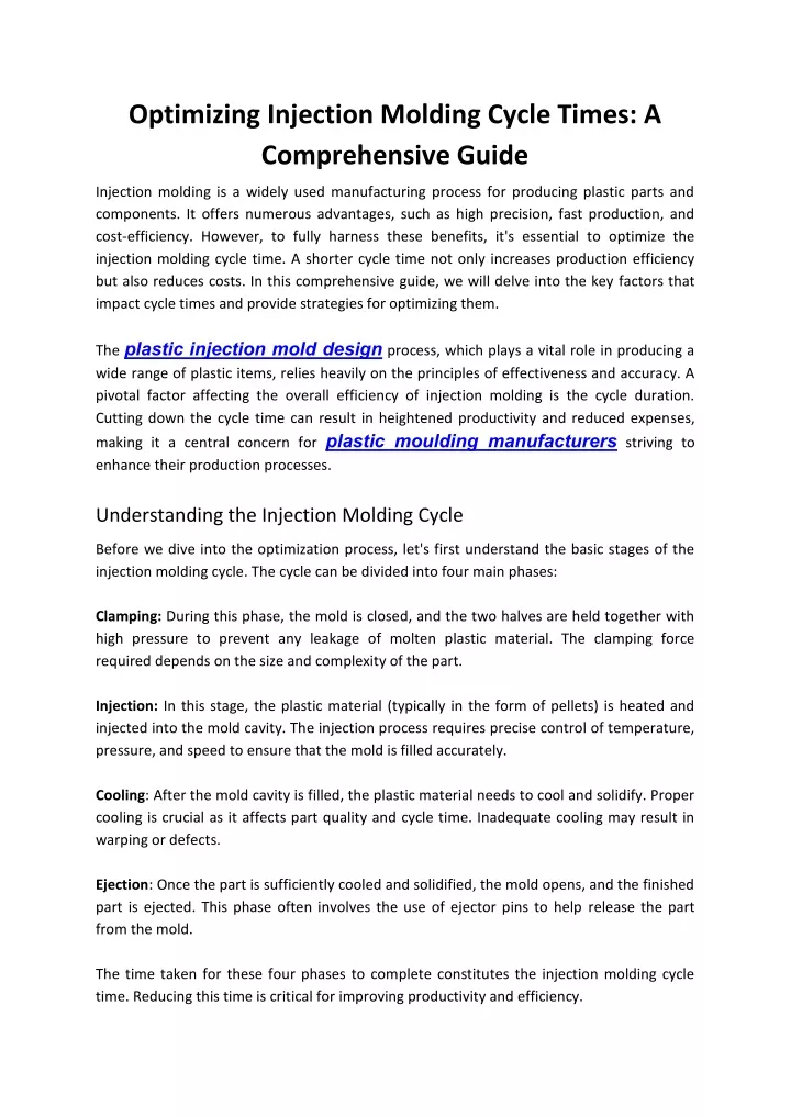 optimizing inj ction molding cycl tim s a compr