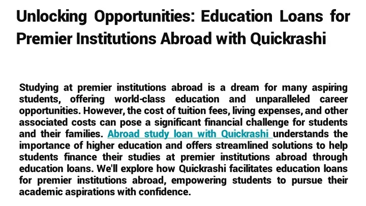 unlocking opportunities education loans for premier institutions abroad with quickrashi