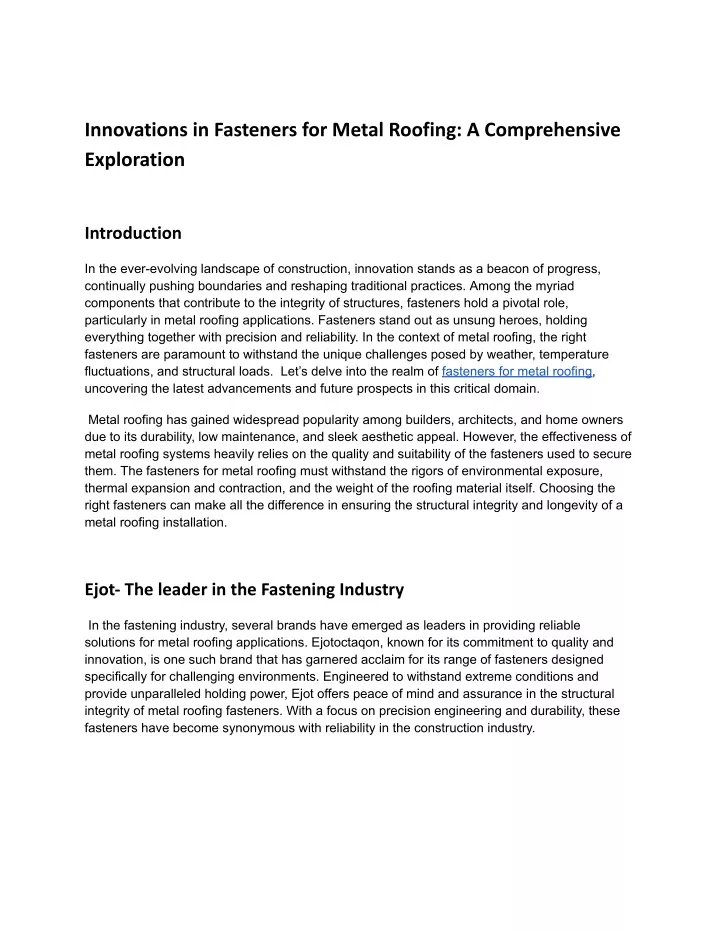 innovations in fasteners for metal roofing