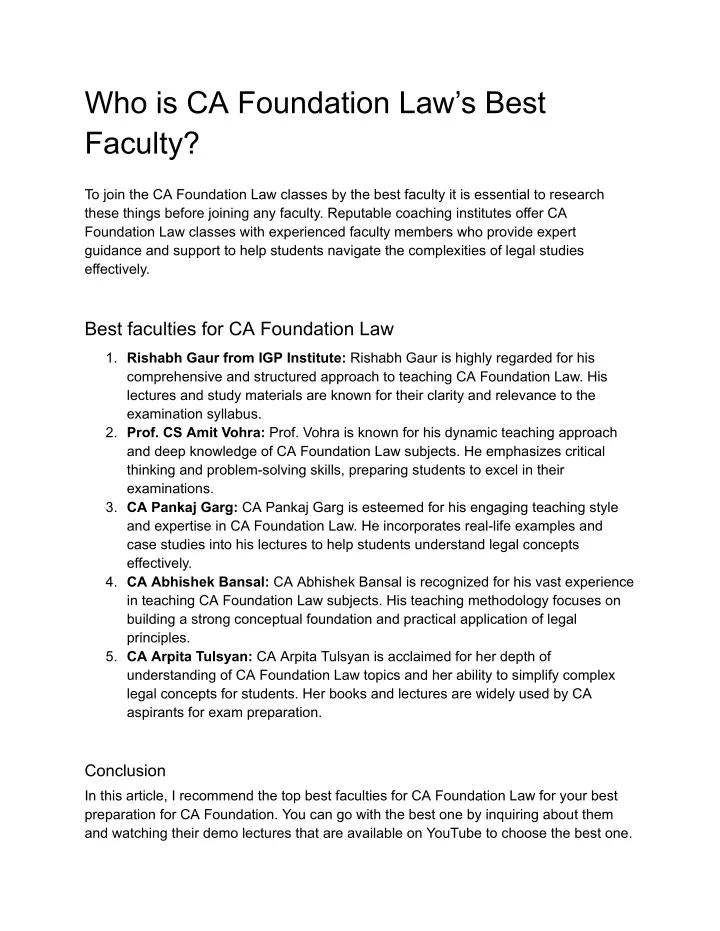 who is ca foundation law s best faculty