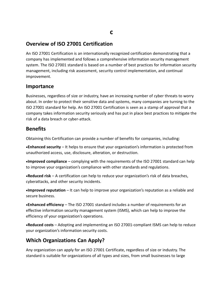 c overview of iso 27001 certification