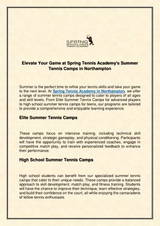 Elevate Your Game at Spring Tennis Academy