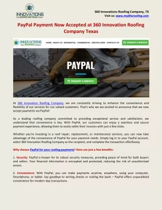 Write a content about 360 Innovation Roofing Company accepting payment via Paypal
