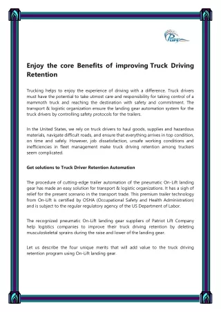 Enjoy the core Benefits of improving Truck Driving Retention