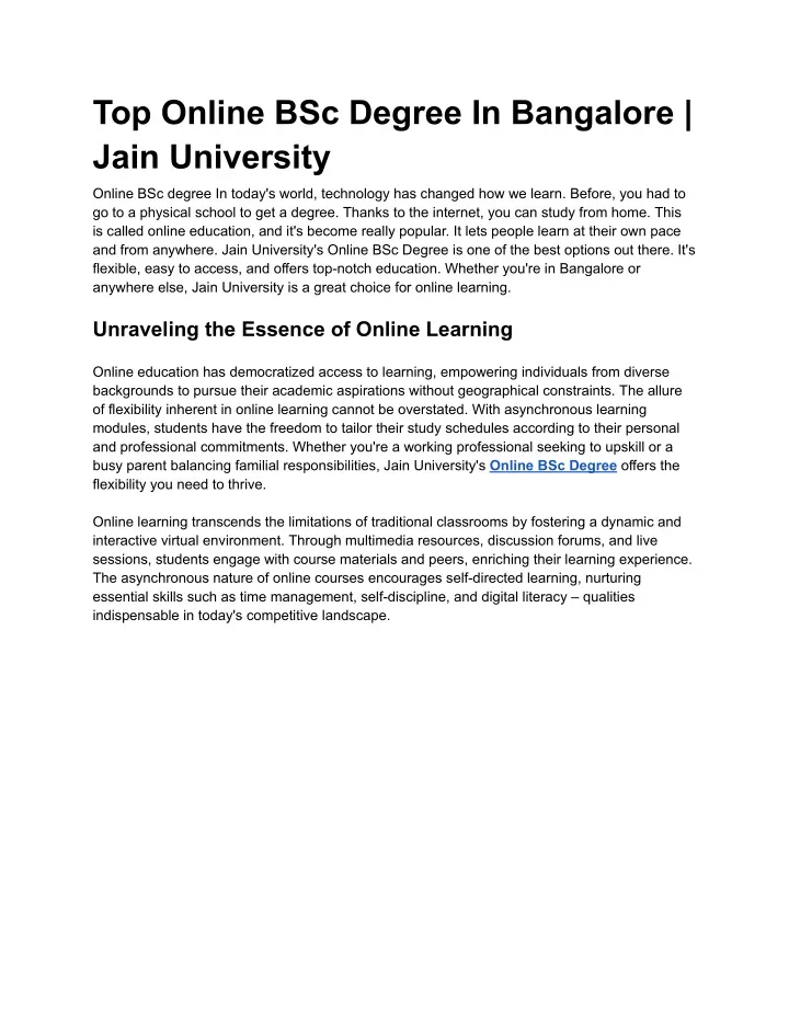 top online bsc degree in bangalore jain university