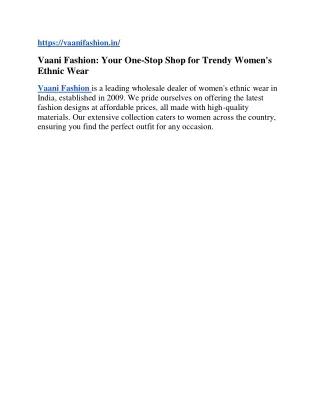 Vaani Fashion: Your One-Stop Shop for Trendy Women's Ethnic Wear