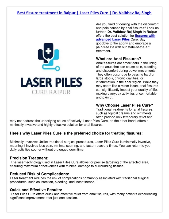 best fissure treatment in raipur laser piles cure
