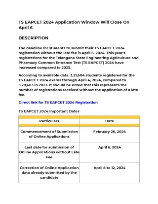 TS EAPCET 2024 Application Window Will Close On April 6
