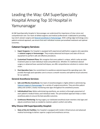 GM SuperSpeciality Hospital Among Top 10 Hospital in Yamunanagar