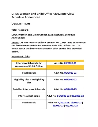 GPSC Women and Child Officer 2022 Interview Schedule Announced