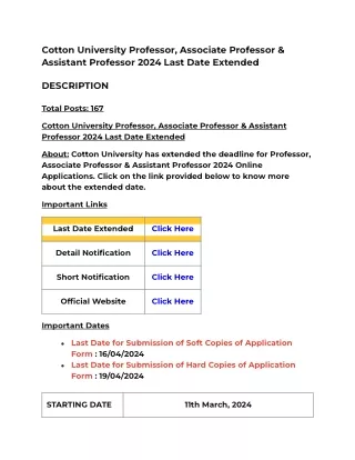 Cotton University Professor, Associate Professor & Assistant Professor 2024 Last Date Extended